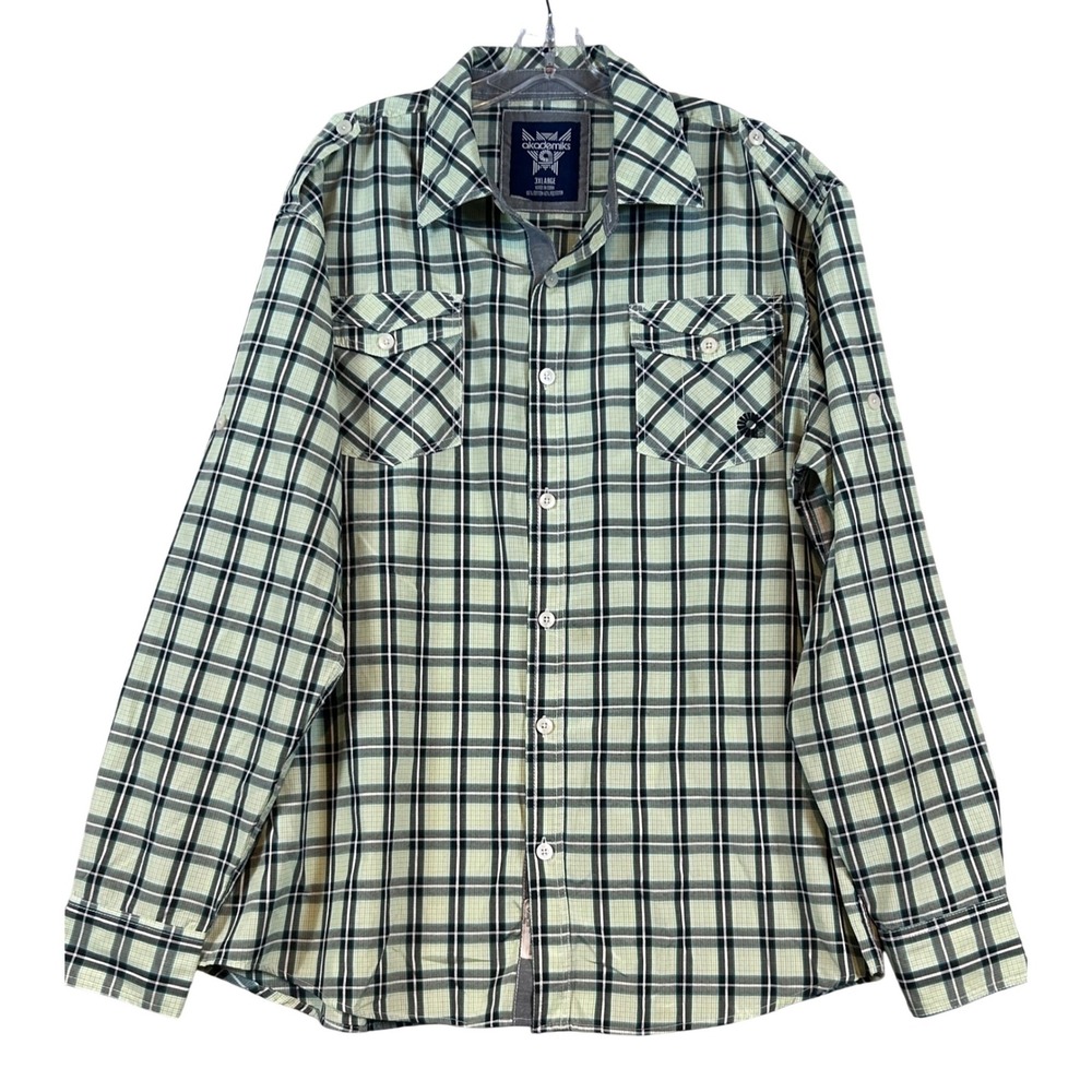 Akademiks Mens‎ 3XL Plaid Button Down Shirt Green Black Long Sleeve Epaulettes